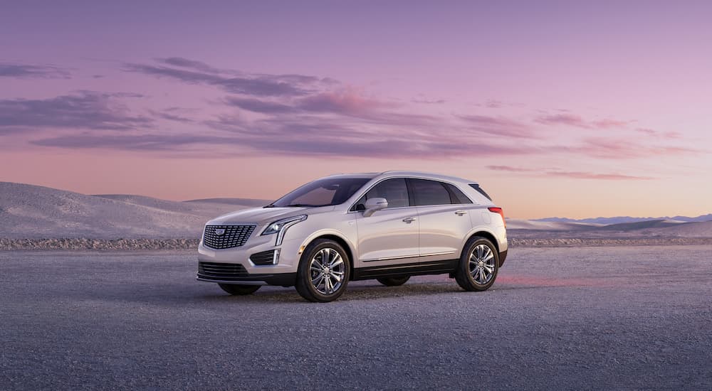 A white 2024 Cadillac XT5 is shown parked off-road on a beach.