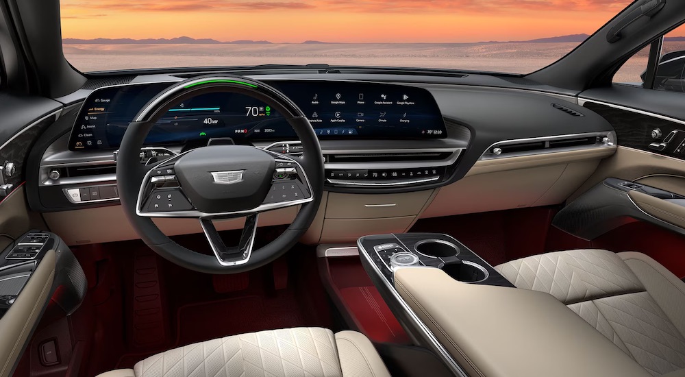 The black and white interior view of a 2024 Cadillac LYRIQ.