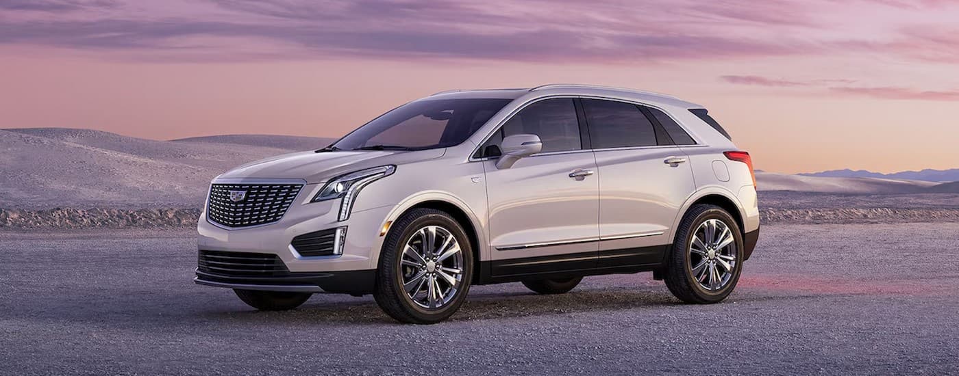 A white 2024 Cadilac XT5 parked offroad.