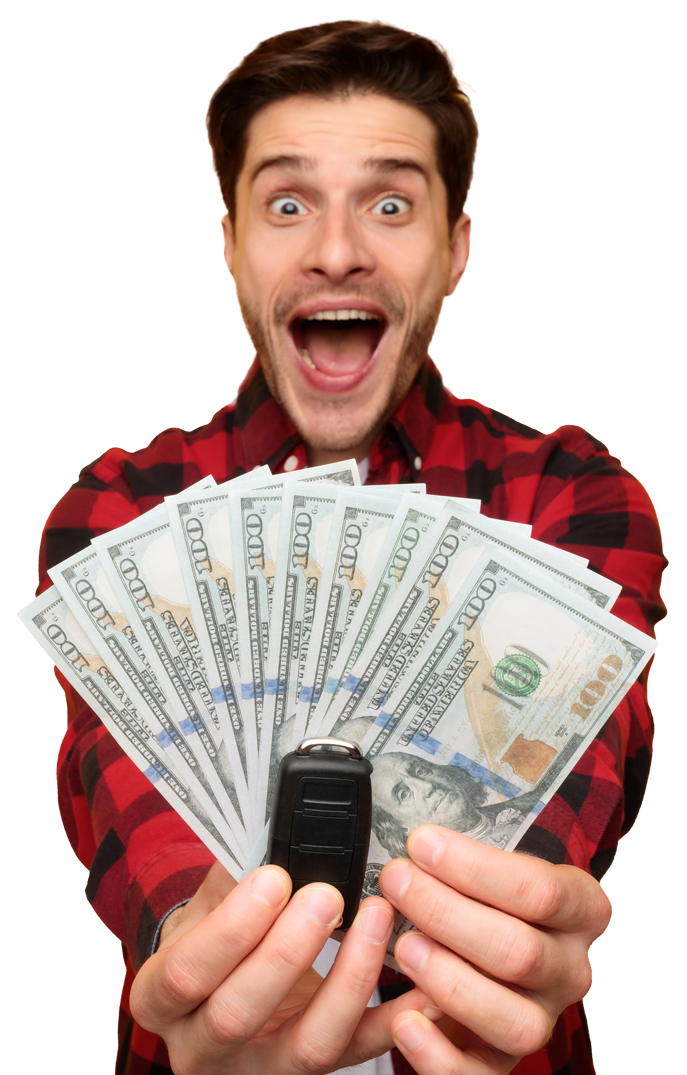 A man excitedly holding up a fan of dollar bills and a key fob.